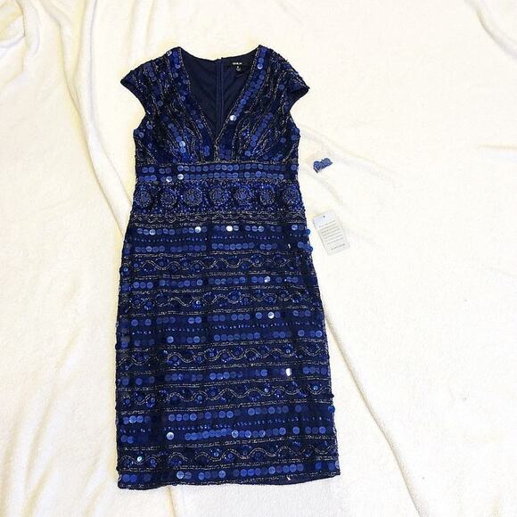 Giulia Embellished Cap Sleeve V-Neck Blue Midi Dress | Sz 6 - Picture 2 of 7